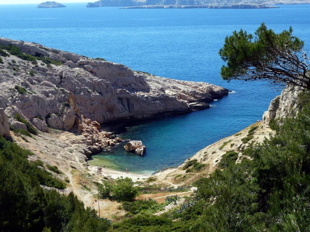 Coastal cove with rocky cliffs, clear blue water and a small sandy beach, with green shrubs in the foreground.