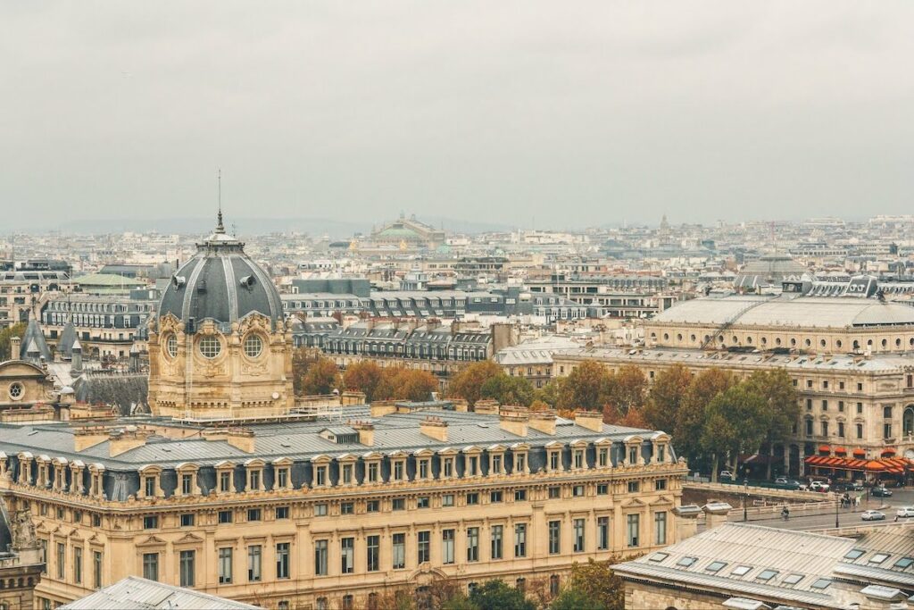 Panoramic view of Paris rooftops with a prominent domed building in the foreground and autumn trees below