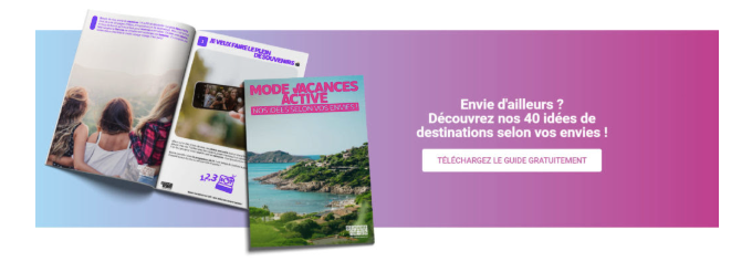 Gradient banner ad offering a free travel guide, with three fanned travel magazines on the left.
