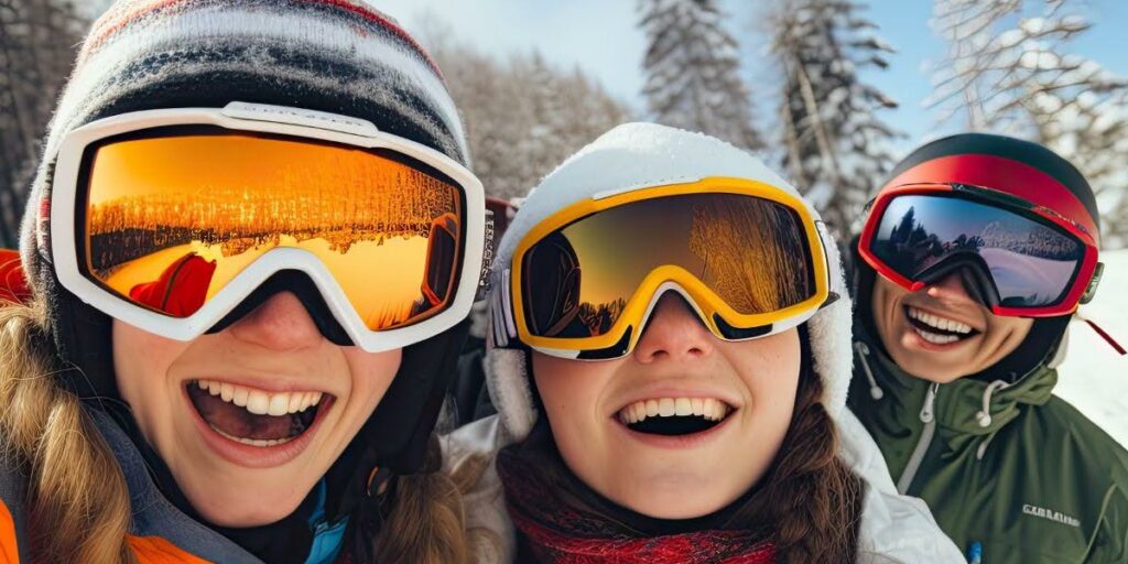 Three friends in bright winter jackets and ski goggles pose for a selfie on a snowy slope, with snow-covered trees in the background.
